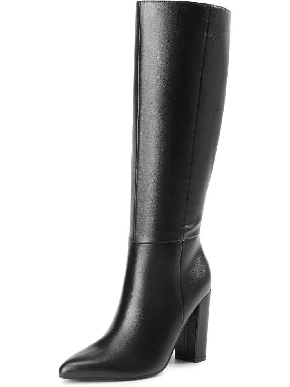 Women's Black Faux Leather Chunky Heel Pointed Toe Side Zipper Knee High Boots